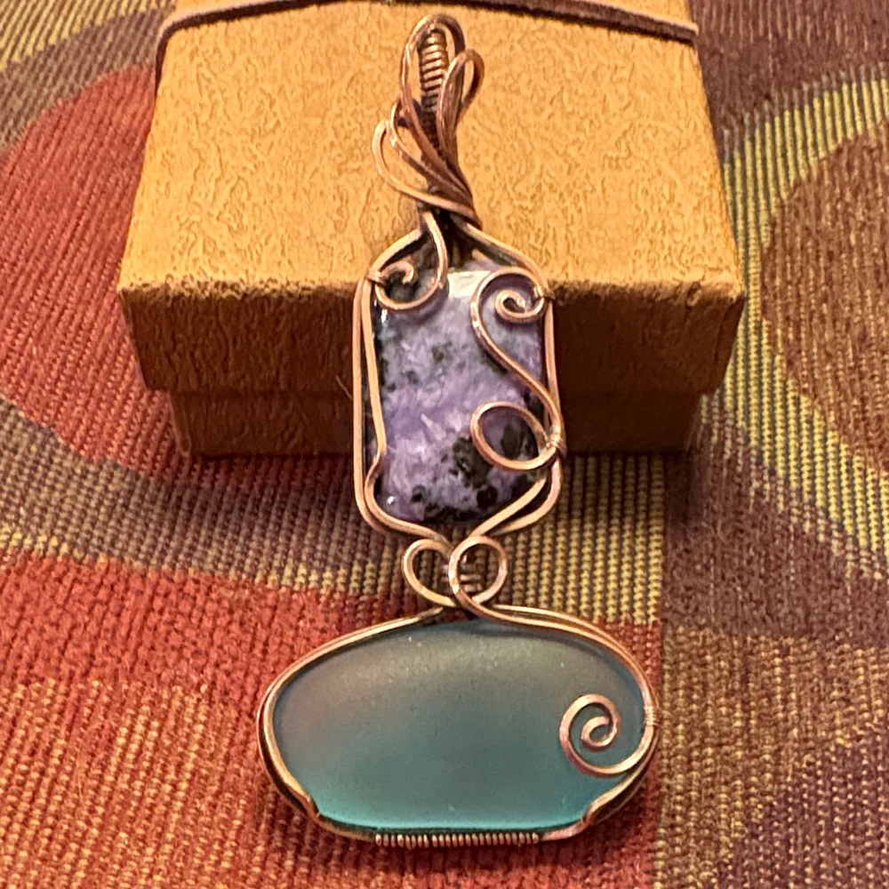 Handcrafted Copper Wire Wrapped Charoit & Beach Glass Pendant